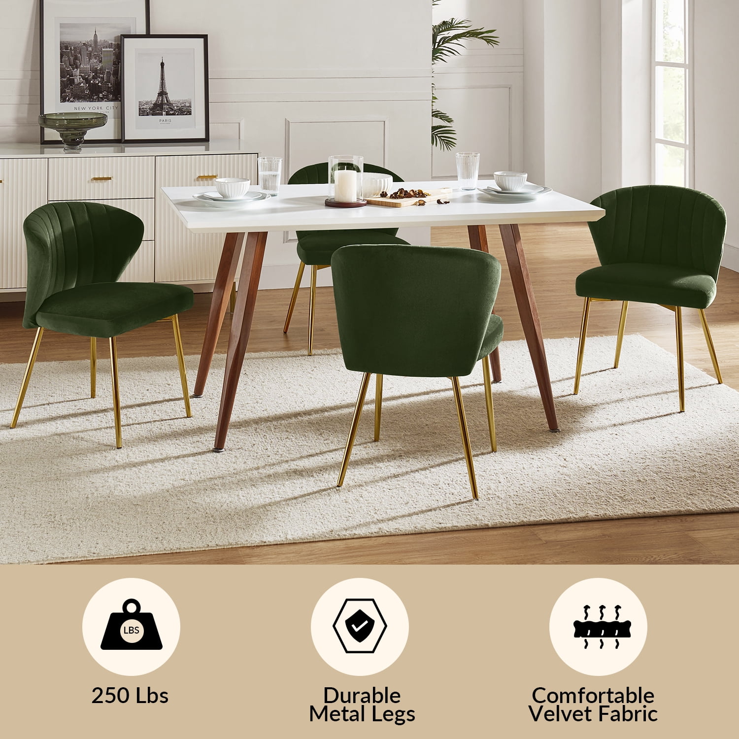Tina's Home Velvet Dining Chairs Set of 2 Upholstered Wingback Side Chairs Living Room Kitchen Forest