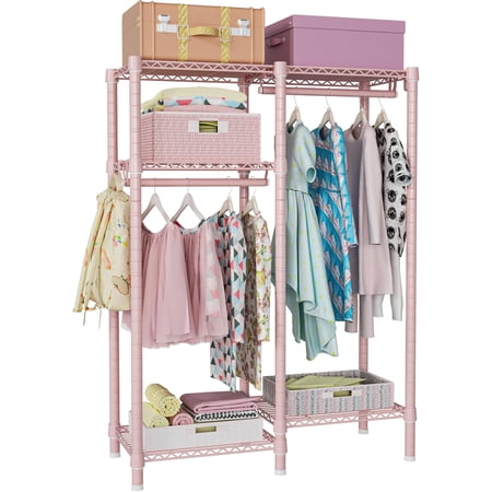 F1 Clothes Rack for Kids, Baby, Students, and Children's Room, 4 Tiers Portable Metal Closet Clothing Rack, Small Garment Rack with 2 Hanging Rod, 31.2" W x 11.8" D x 48" H, Pink