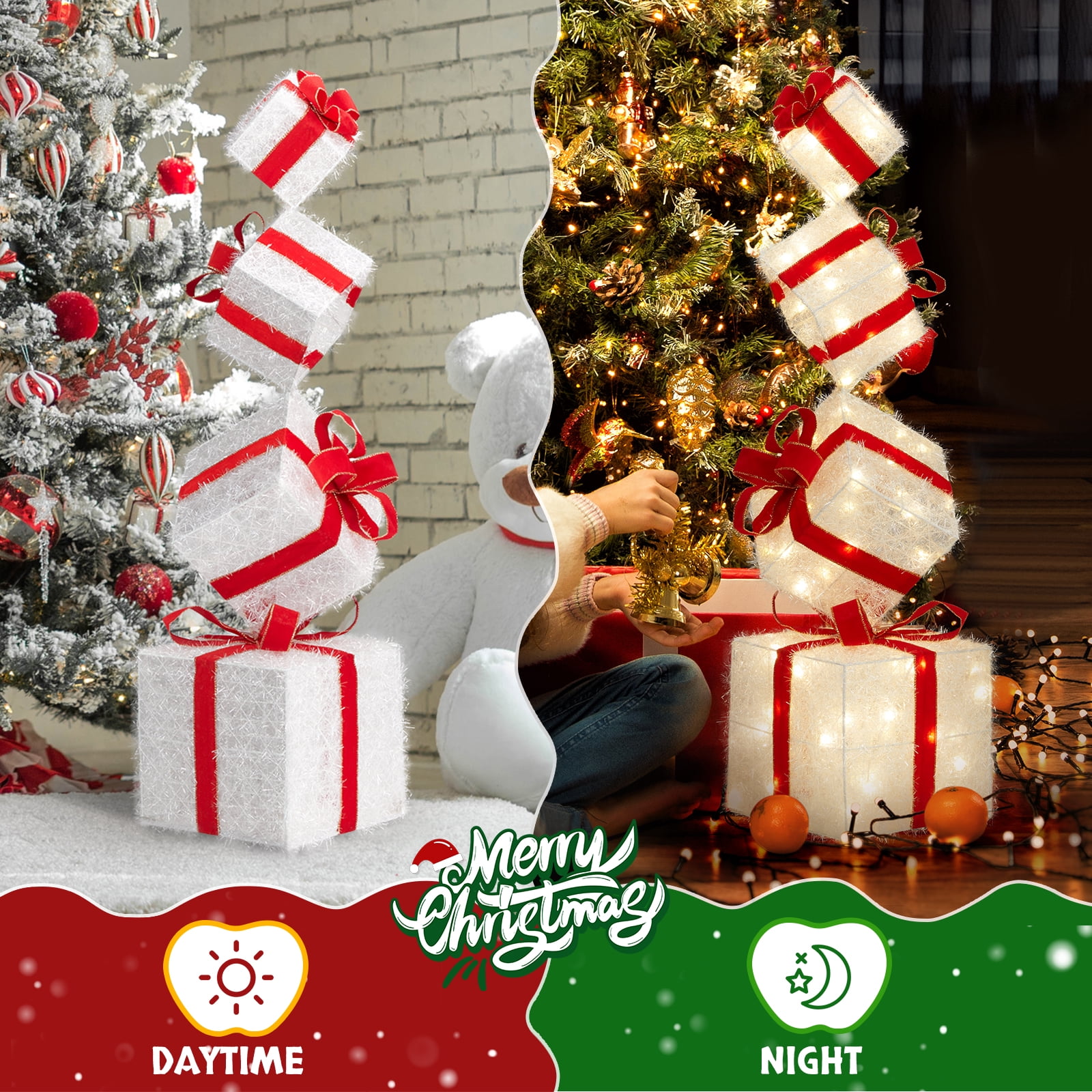 Astoutdoor Lighted Gift Box Tower, 3 ft Pre-lit Stacked Present Boxes with 80 LED Warm White Lights and Ground Stakes for Christmas Indoor Outdoor Decor