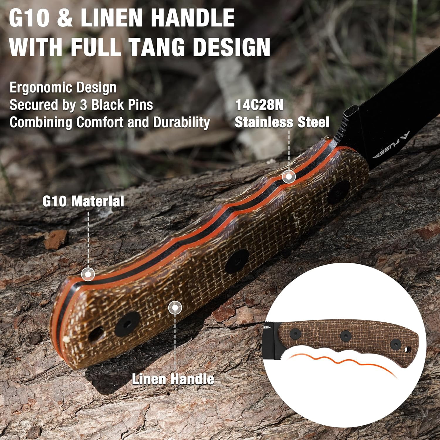 FLISSA Fixed Blade Knife with Sheath, 4.7" Full Tang Hunting Kukri Knife with 14C28N Steel Blade, G10 and Linen Handle, Rope Cutter for EDC Outdoor Hiking, Survival, Camping