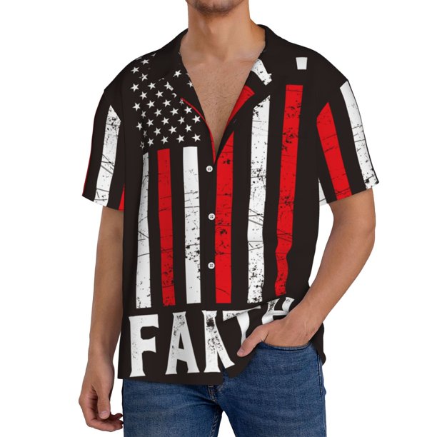 Balery USA Flag Cross Camisa Casual de Manga Corta con Botones para Hombre, Texturizada, Estilo Cubano, para Playa, Verano-Medium