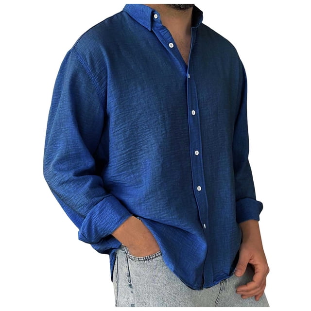 Camisa lavada de manga larga con botones para hombre: color liso, poliéster, cómoda y holgada para todas las ocasiones