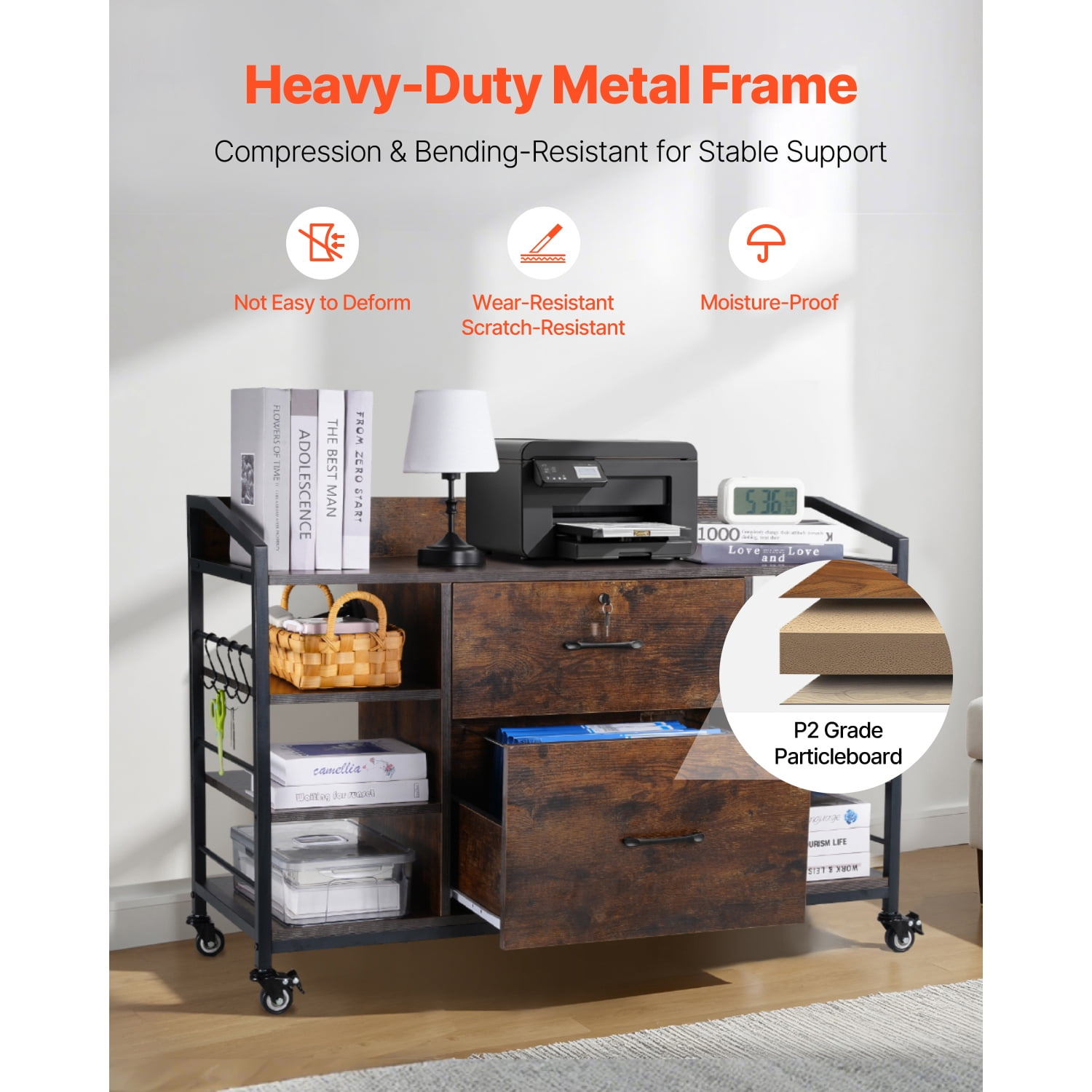 KFFKFF 2-Drawer Metal File Cabinet with Lock, Lateral Filing Cabinet Featuring 6 Open Shelves, Wooden Storage Unit with Power Strip for Letter, A4, and Legal Size Files, Easy to Assemble, Brown