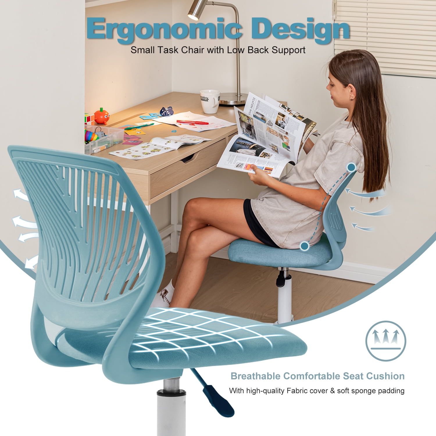 Homy Casa Ergonomic Office Stool Adjustable Swivel Desk Chair with Height Control and Rolling Casters for Home Office Study Room and Small Spaces