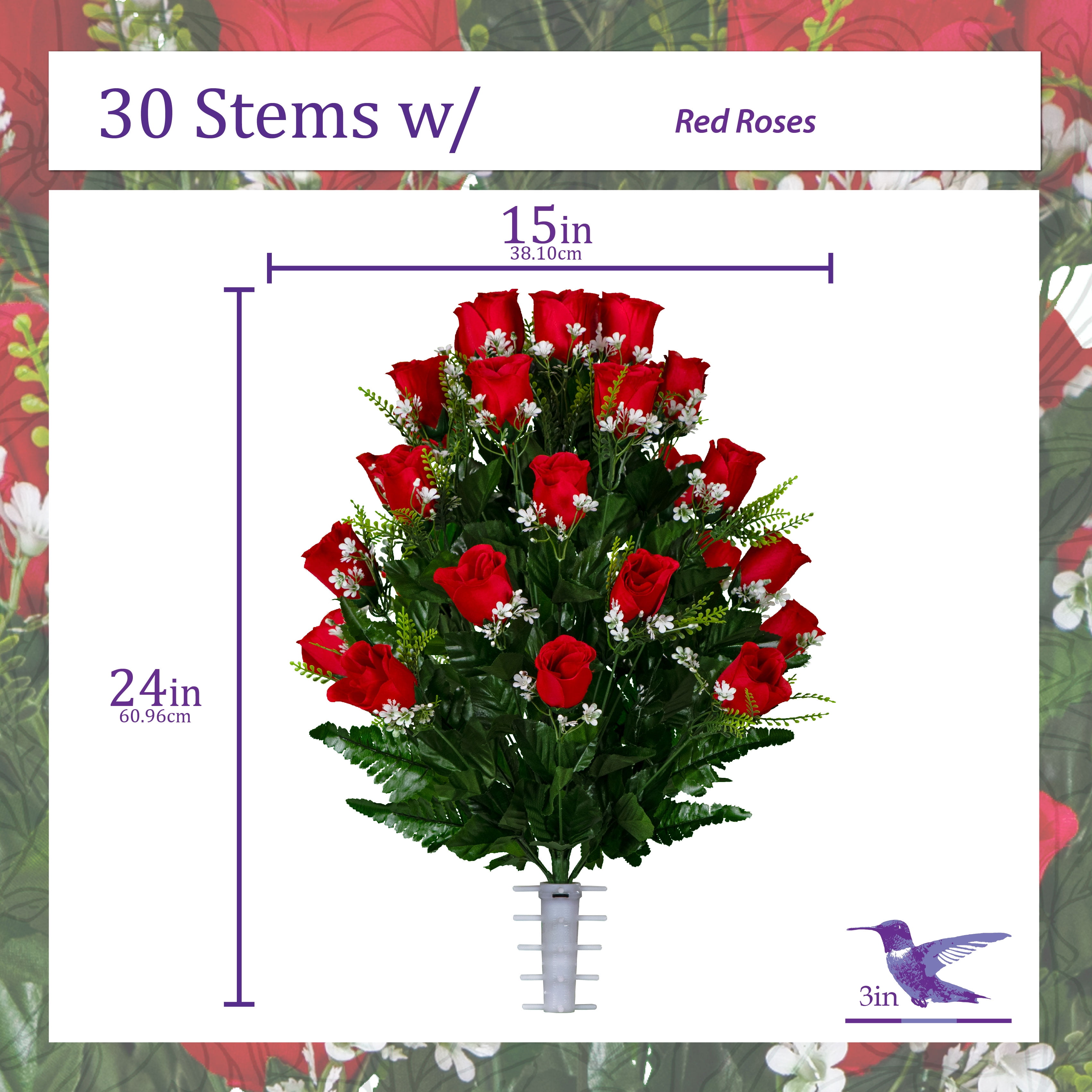 Sympathy Silks Artificial Cemetery Flowers 24" Red Roses Bouquet for an Outdoor Cemetery Vase