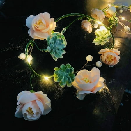 Champagne Rose Succulent Vines with Lights, Artificial Roses Garland with 6.56 Feet 20 Warm White LEDs String Lights Fairytale Lights with Flower Vine for Wall Shelf Wedding