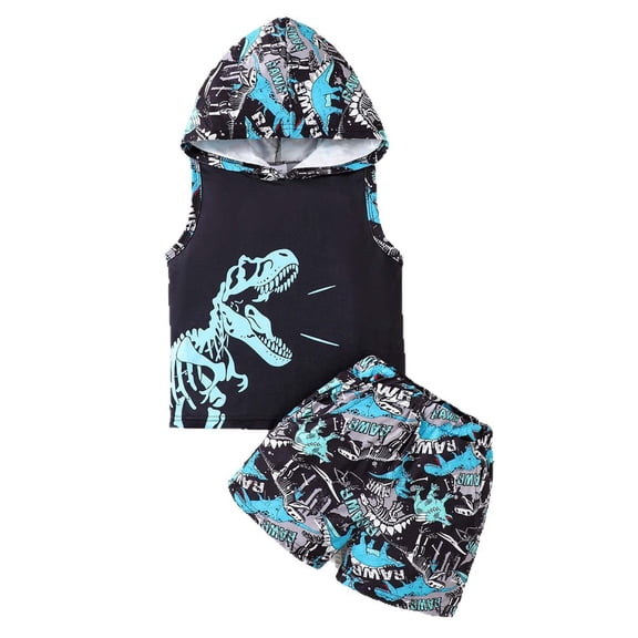 Kiijoy Toddler Boys Summer Outfits Dinosaur Athletic Hooded Tank Top Shorts Set, Sizes 4-16