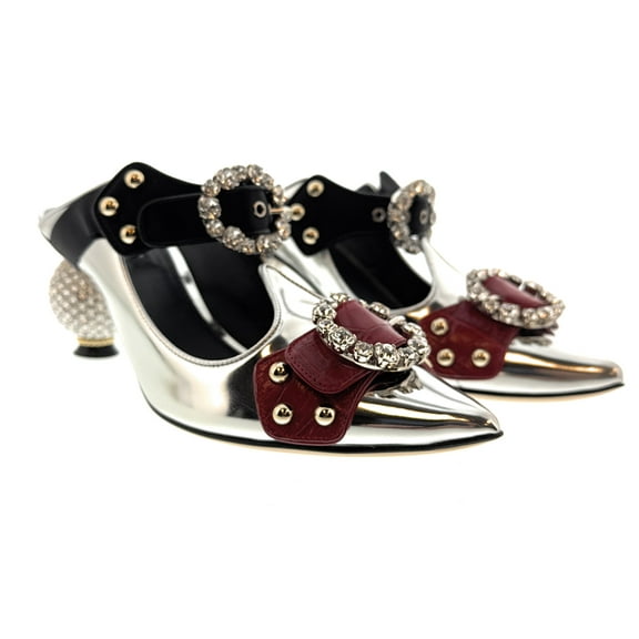 Dolce & Gabbana Silver/Cherry Silver Embellished Kitten Mules-EU37 for womens