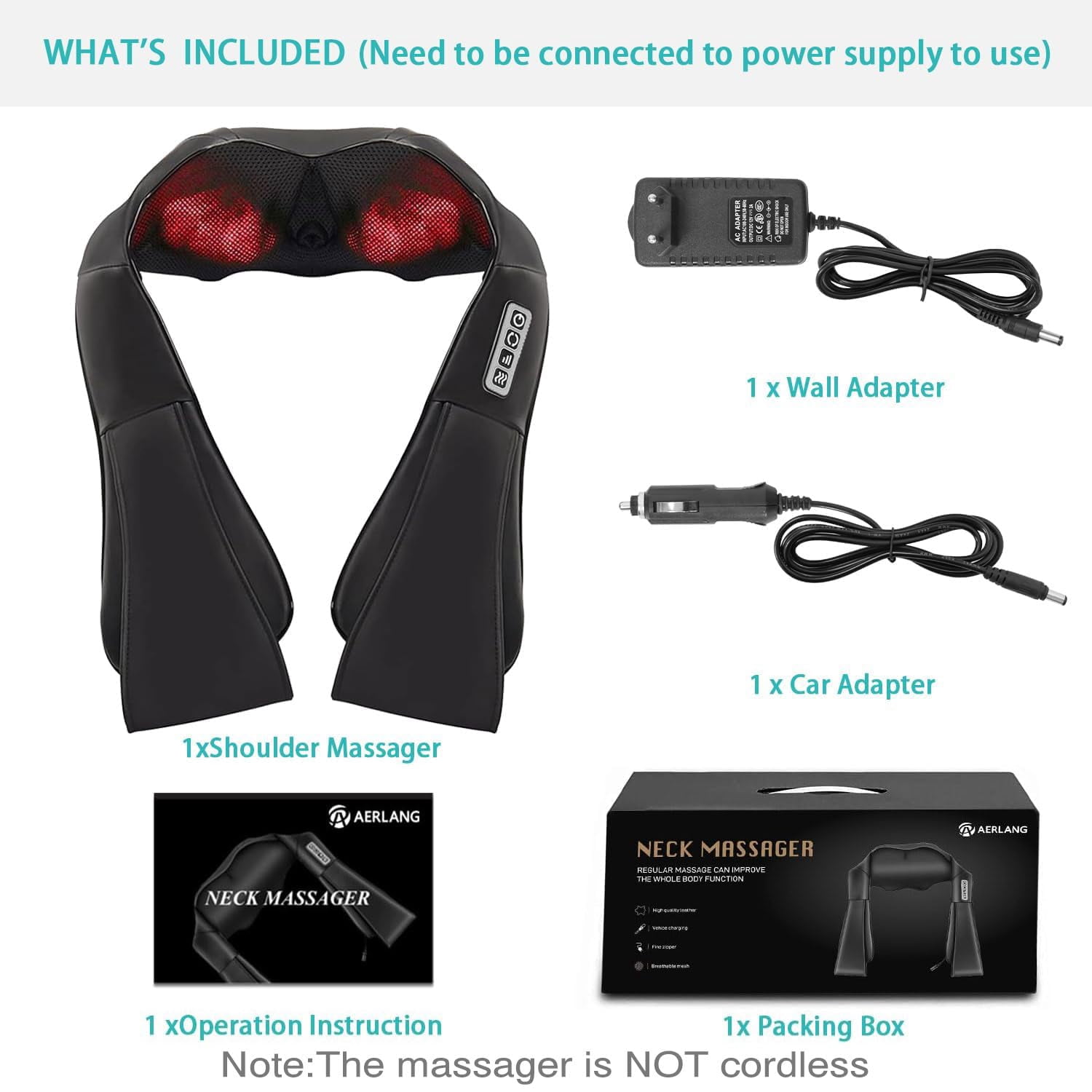AERLANG Shiatsu Neck and Shoulder Massager, Back Massager with Heat Deeper Tissue Kneading Massage for Shoulder, Neck and Back Massage Electric Massagers-Fathers Day Gift Ideas (NOT Cordless)