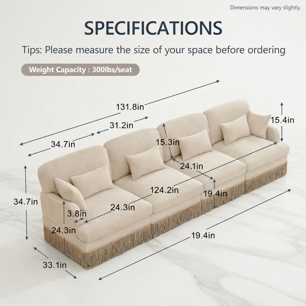 Hommoo 131" Modern Leopard Print Chenille 4-Seat Modular Sectional Sofa, Tassel Trim, Ergonomic Deep Seat Design, Easy Snap-Together Assembly for Living Room, Beige