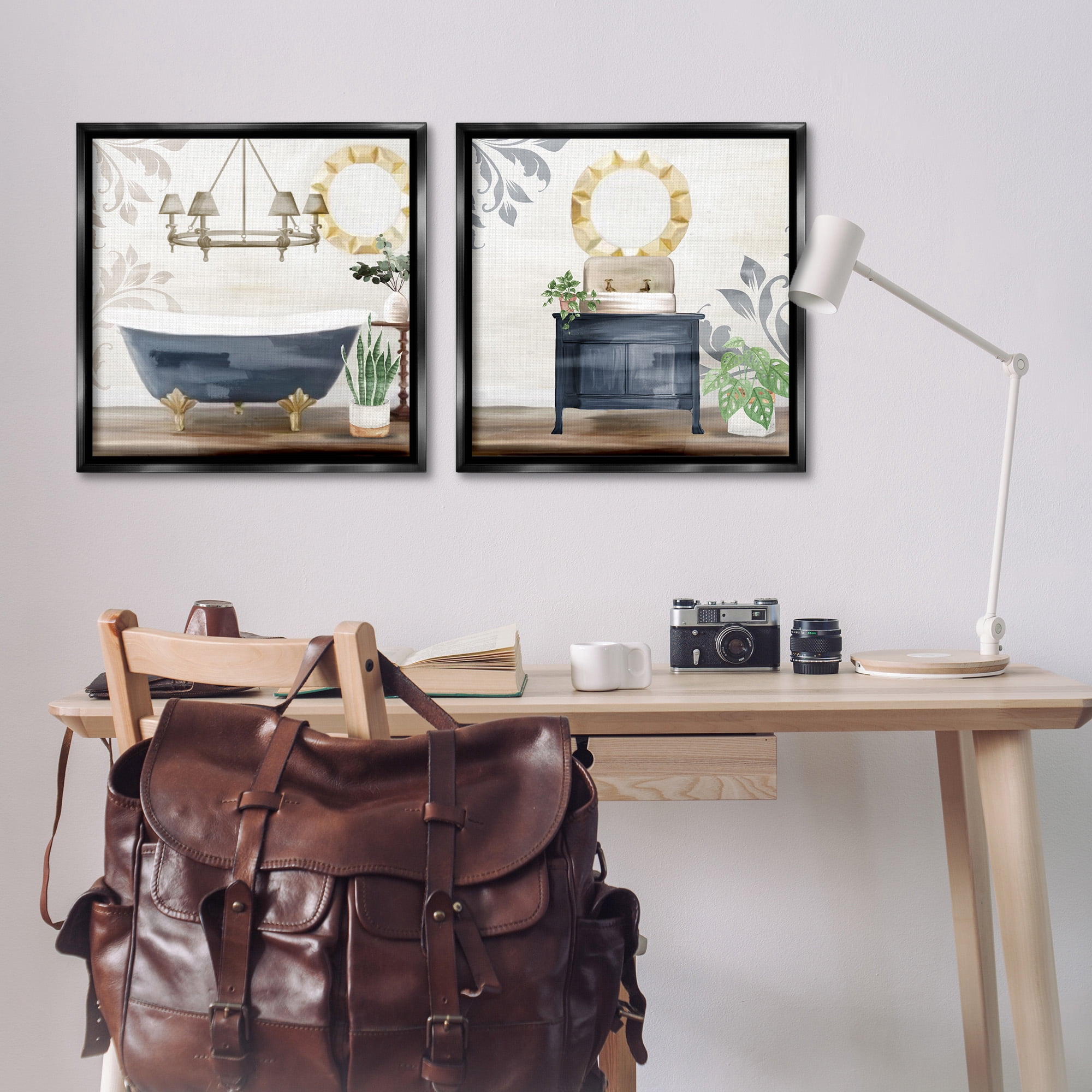 Stupell Industries Chic Bathroom Interior Still Life Abstract Painting Black Floater Framed Canvas Art Print Wall Art, 25 x 25, Set of 2