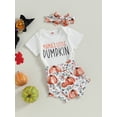 thumbnail image 3 of Newborn Baby Girl Halloween Outfit Hey Pumpkin Short Sleeve Romper +Shorts +Headband Set Infant Fall Cute Clothes, 3 of 7