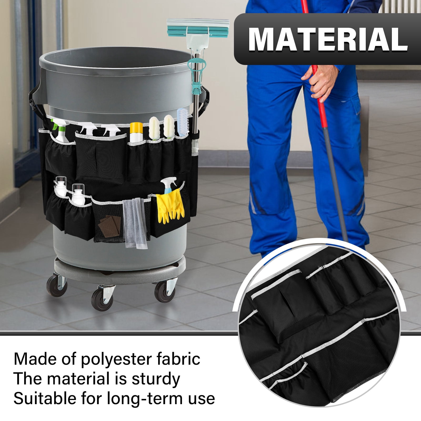 Trash Can Caddy Bag Fit 32 to 55 Gallon Garbage Bin Polyester Garbage Can Caddy with 13 Pockets for Housekeeper Professional Cleaner