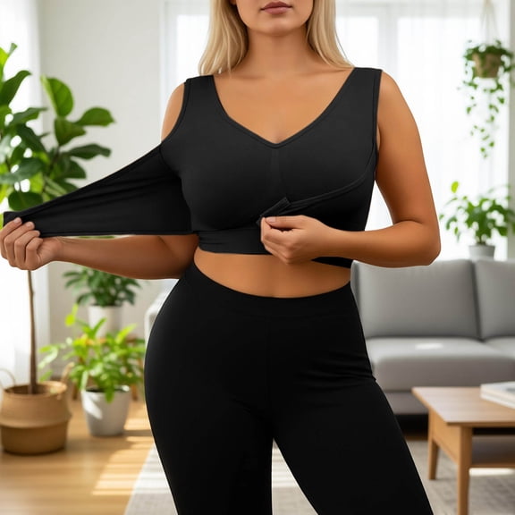 Women's Plus Size Wireless Front-Closure Bra, Padded for Comfort, Full Coverage, Back-Smoothing & Lift, Seamless T-Shirt Bra Black XL
