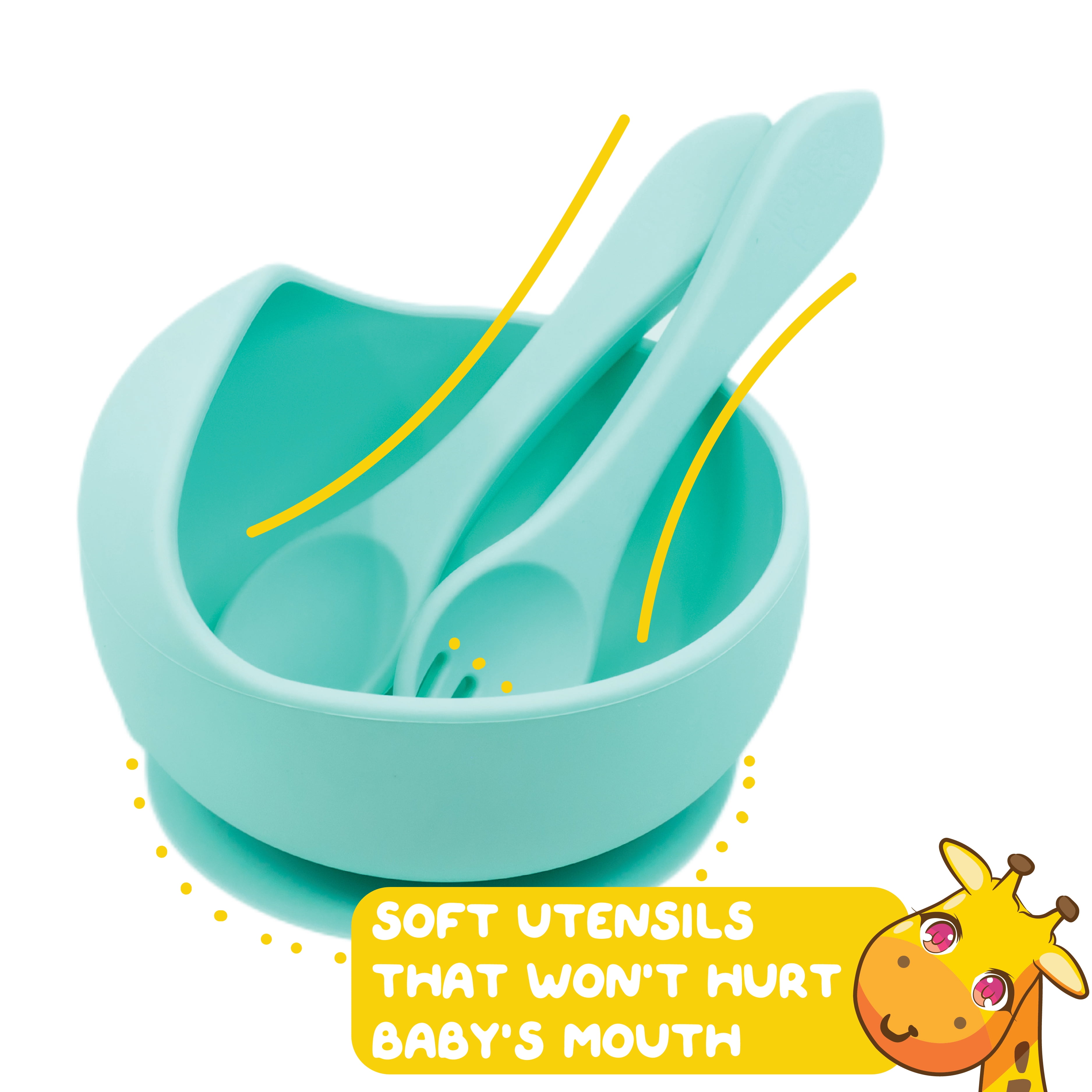 Muqee Peeko Minty Green Silicone Baby and Toddler Feeding Set - Plate Set with Utensils (6 Piece Set)