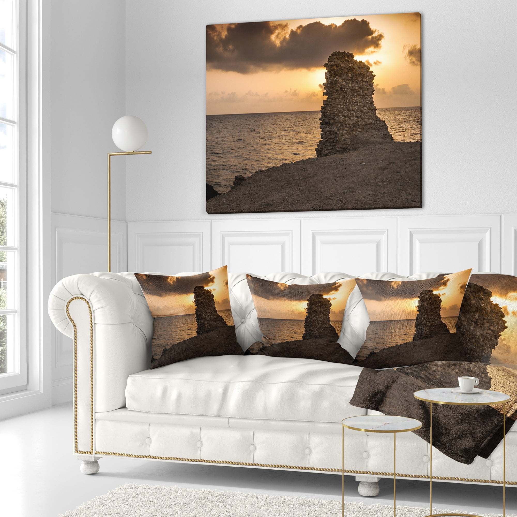 Designart African Ruins at Sunset Seashore - Seashore Throw Pillow - 16x16