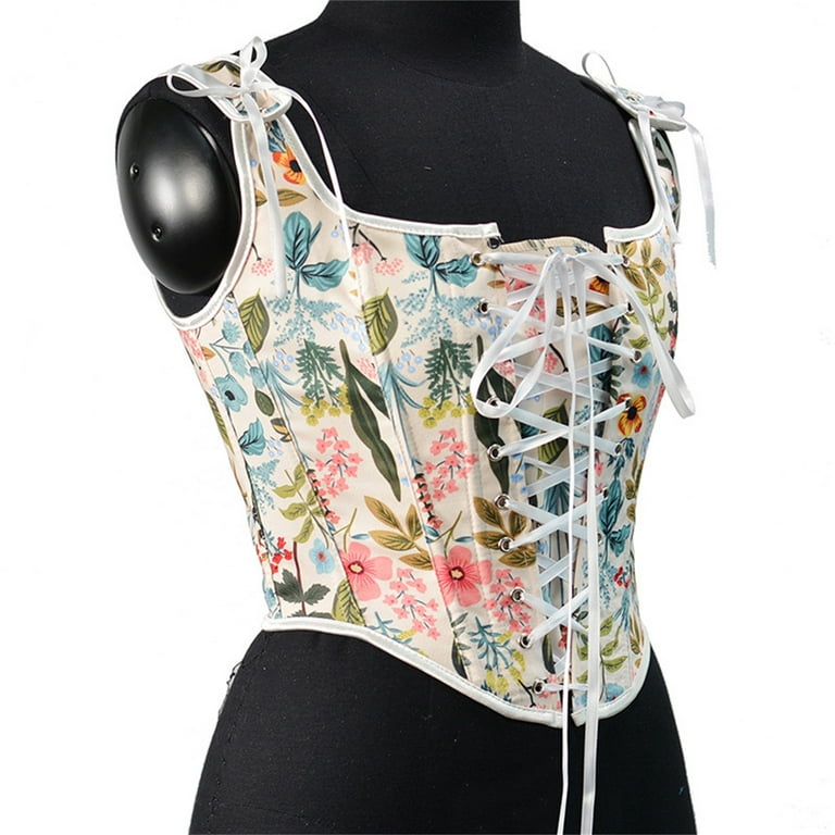 JDEFEG Corset Top Women Bustier Corset Top Zipper Eyelet Lace Up Floral  Print Push Up Crop Tops Vintage Tank Top Party Clubwear Bodice Things Wear  Under Dress Polyester,Spandex White Xl 