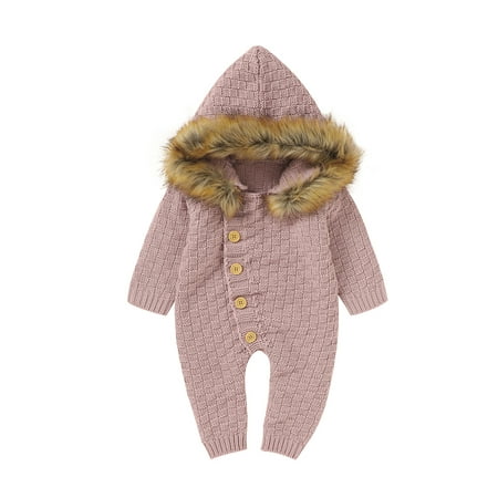 

TheFound Newborn Baby Boy Girl Knitted Romper Bodysuit Jumpsuit with Fur Hat One Piece Fall Winter Warm Clothes