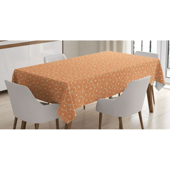 Fruit Tablecloth, Fresh Summer Pattern with Juicy Circle Orange Slices, Rectangle Satin Table Cover Accent for Dining Room and Kitchen, 52" X 70", Seafoam Pale Vermilion, by Ambesonne