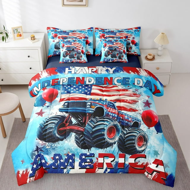 7 Pcs Off-road Truck Comforter Set,American Flag Red Blue Balloons Stars Sky Bedding Set,Independence Day Freedom Theme Bed Set(Comforter+Fitted+Flat Sheet+Pillowcases+Pillow Covers),Queen