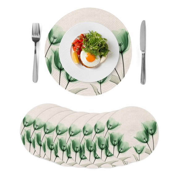 Green Floral Round 15 Inch Placemats Set of 8, Elegant Tulip Vintage Wildflower Plant HeatResistant Non Slip Place Mats for Dining Table, Wipeable Braided Kitchen Table Mats for Housewarming