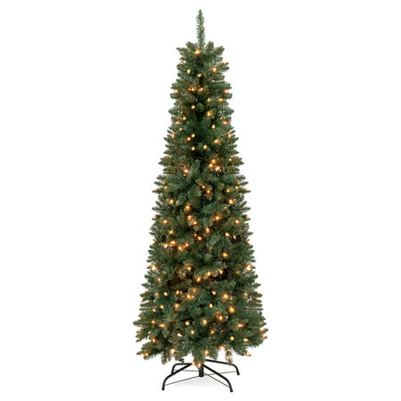 Best Choice Products 7.5ft Pre-Lit Hinged Fir Artificial Pencil Christmas Tree w/ 350 Warm White Lights, Foldable Stand,
