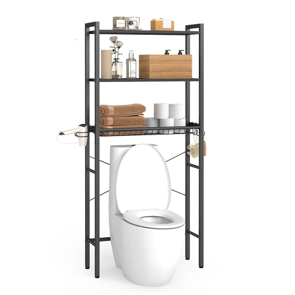 VASAGLE Over the Toilet Storage, Over Toilet Bathroom Organizer with Adjustable Shelves and Basket, Hair Dryer Holder, 3 Hooks, Ebony Black