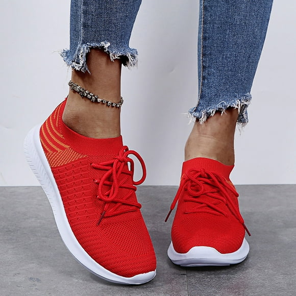 Bmisegm Women's Fashion Casual Mesh Breathable Lace up Sneakers Loafers ShoesCasual Shoes for Women Red 41