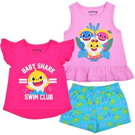 

Baby Shark Daddy Shark and Mommy Shark Girls 3 Piece 2 Short Sleeve Tee and Short Set Toddler
