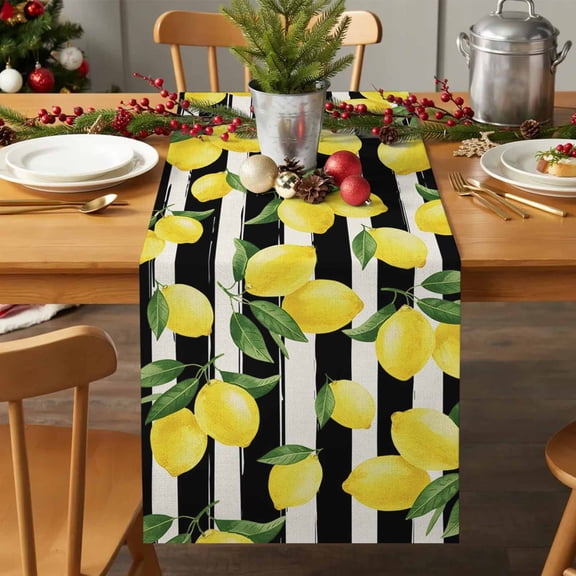 Table Runner 70 Inches Long - Farm Watercolor Lemon Art Decorative Table Scarf, Vintage Black and White Stripes Dining Table Runners for Wedding Party Kitchen Dining Tables