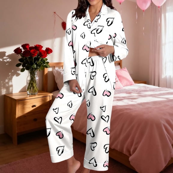Womens Valentines Pajamas Sets Long Sleeve Button Down Shirts and Casual Pants Comfortable 2 Piece Home Sleepwear for Women White L