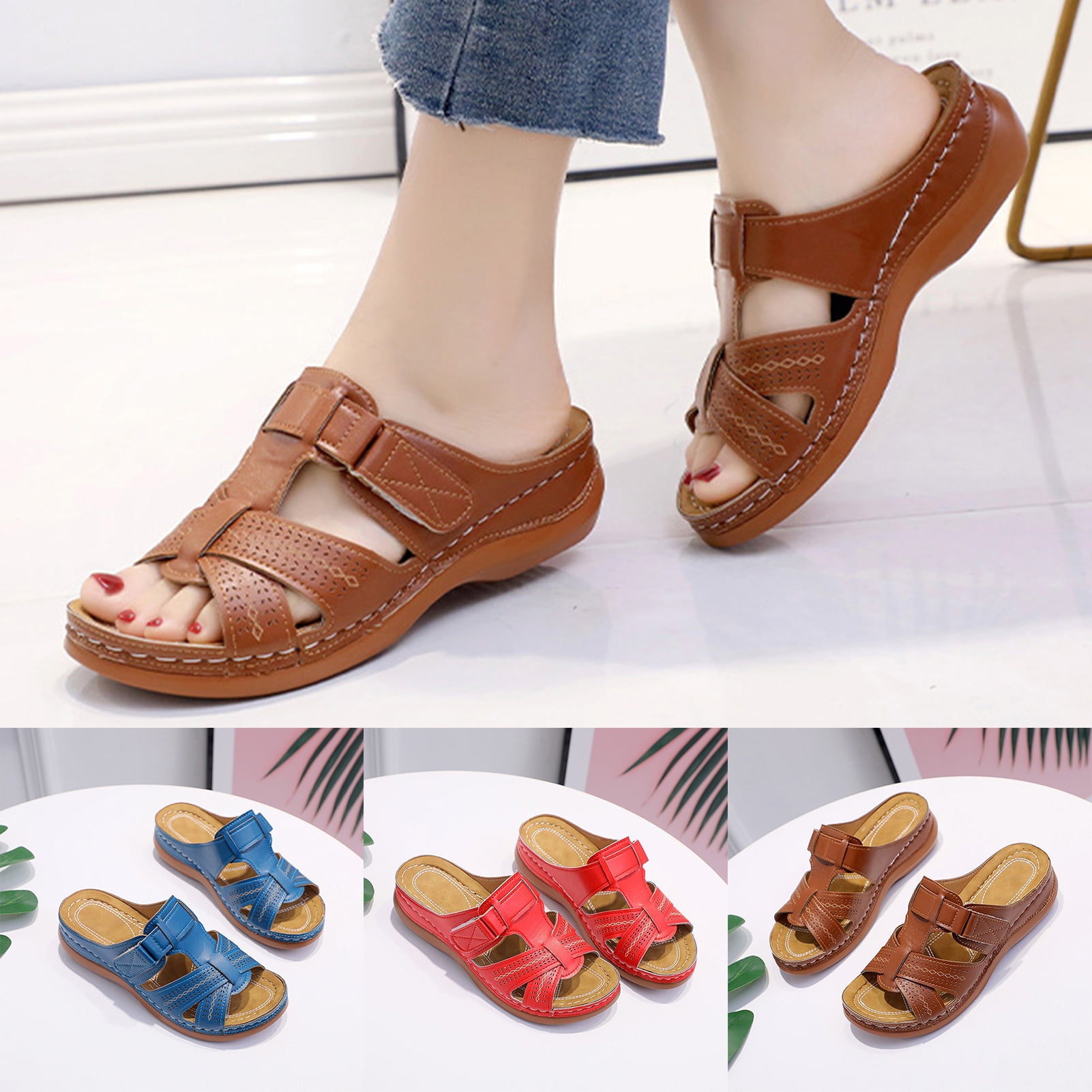 HEVIRGO Casual Women Summer Faux Leather Sandals Slippers Open Toe Arch Support Shoes Walmart