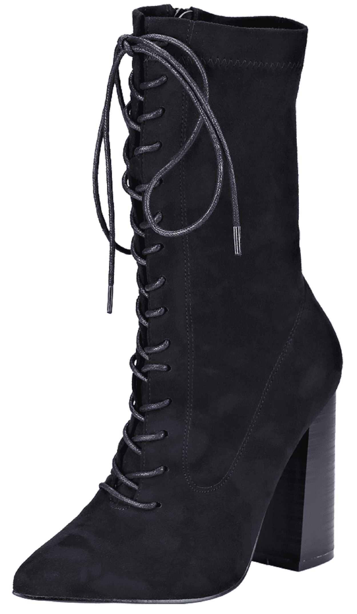 Weboo - Eloise-1 Women Lace Up Chunky Block Heel Pointed Toe Mid Calf Fashion Booties Boots