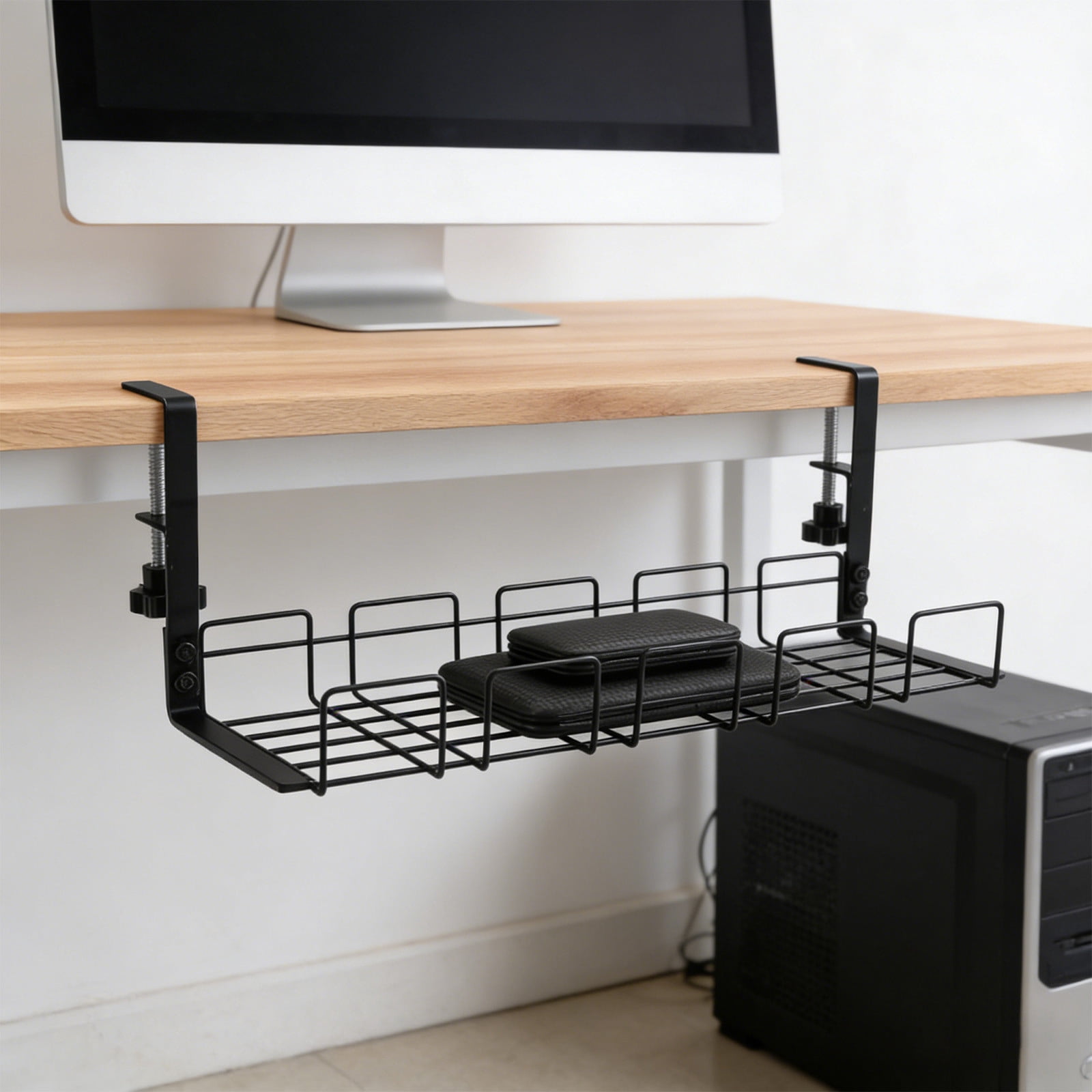 No Drill Under Desk Cable Organizer Shelf - Stainless Steel Adjustable Clamp for Office Computer Desk, Damage-Free Installation, Cable Management Solution