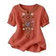 thumbnail image 2 of Favoffer Women's Washed Crinkle Linen Blend Shirt Boho Embroidered Tunic Short Sleeve V Neck Loose Fit Peasant Top Elegant Daily Summer Beach Holiday Blouse, 2 of 6