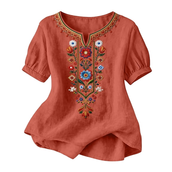 RQYYD Womens V Neck Floral Embroidered Short Sleeve Blouse Casual Loose Fit Tunic Top for Summer Daily Wear