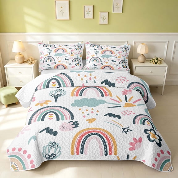 Erosebridal Cute Rainbow Twin Quilt Set, Kawaii Clouds Twin Coverlet Set, Polka Dots Reversible, Boho Rainbow, 2 Pieces (1 Bedspread and 1 Pillowcase)
