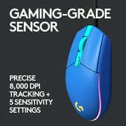 Logitech G203 Wired Gaming Mouse, 8,000 DPI, Rainbow Optical Effect LIGHTSYNC RGB, 6 Programmable Buttons, Blue