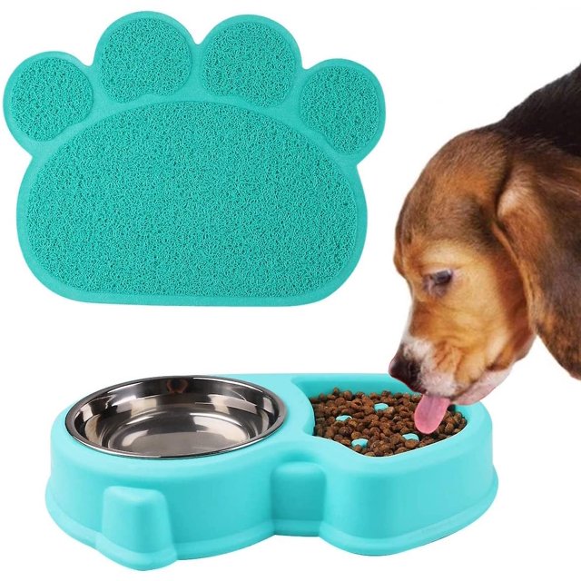 Gato y perro alimentación lenta doble tazón anti-hinchazón con alfombra antideslizante para gatos y perros pequeños-azul (azul) Feliz Sencillez