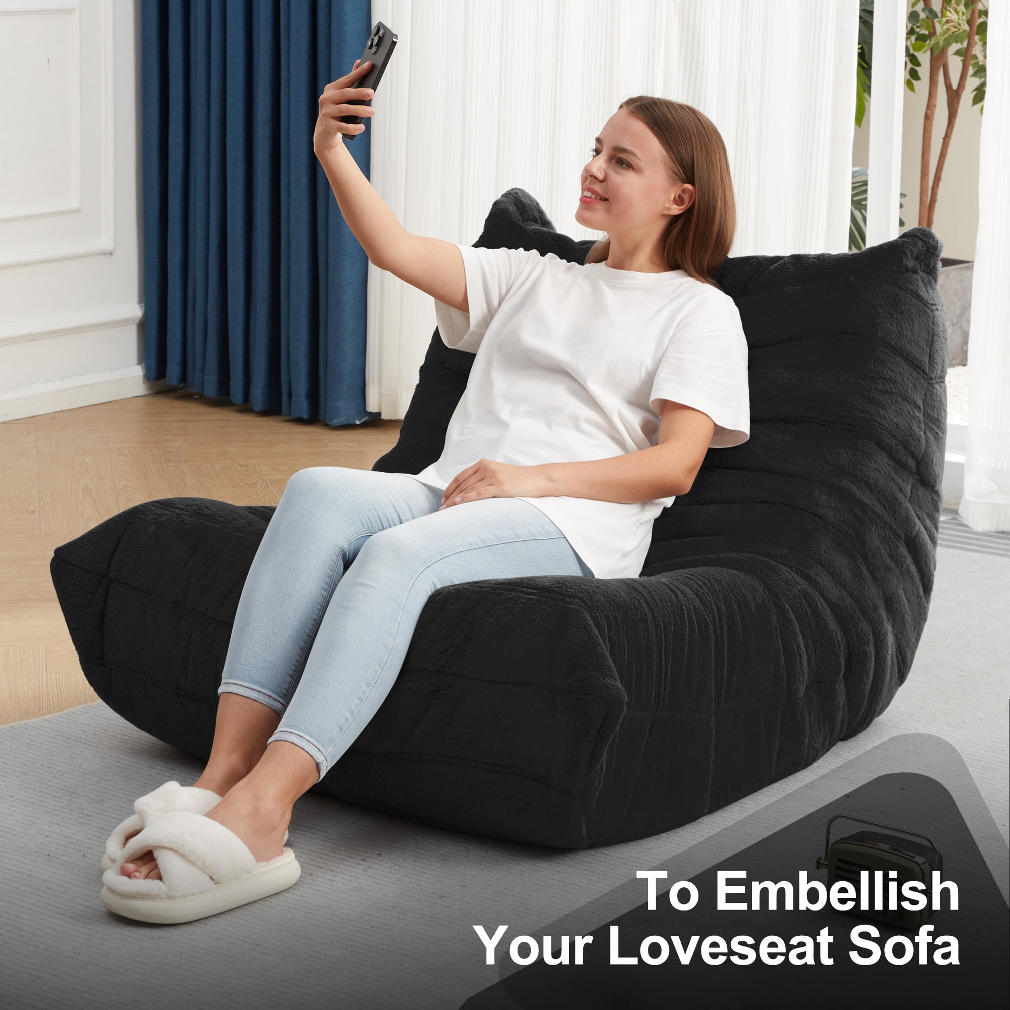 Hobestluk Bean Bag Chairs for Adults Giant BeanBag Chair Sofa Memory Foam Bean Bag Chair Faux Fur Fireside Bean Bags Big Lazy Sofa for Living Room Bedroom Dorm Office (Black Plush)