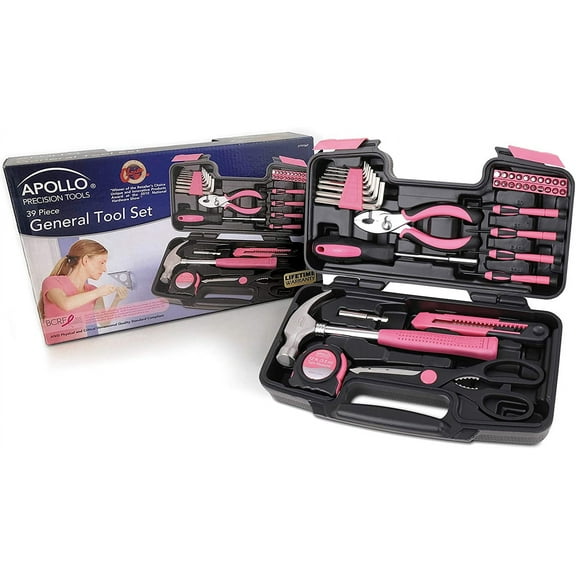 Apollo Tools Original 39 Piece General Household Tool Set in Toolbox Storage Case with Essential Hand Tools for Everyday Home Repairs, DIY and Crafts - Pink Ribbon - Pink - DT9706P