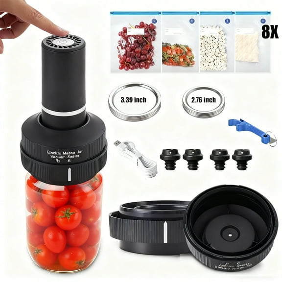 Electric Mason Jar Vacuum Sealer, 4 in 1 Vacuum Sealer Kit for Wide-Mouth & Regular-Mouth Mason Jars, Automatic Jar Sealer Stop for Food Storage Bags, Wine Bottles,Kitchen Tools