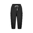 thumbnail image 4 of Pantalones capri con cintura elástica y botones laterales para mujer - Pantalones informales holgados de color liso, 4 of 5