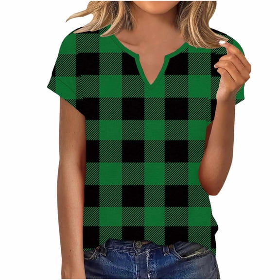 Guluxicc V Neck T Shirts for Women Short Sleeve Plaid Casual Loose Tops Spring Summer Womens Shirts