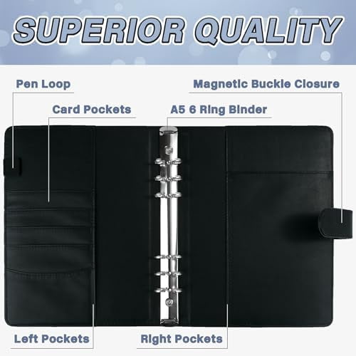 A5 Kpop Photocard Binder, 6 Ring Binder Album with 200 Card Slots, PU Leather Binder Cover with Magnetic Buckle Closure for Organizing Trading Cards (Black)