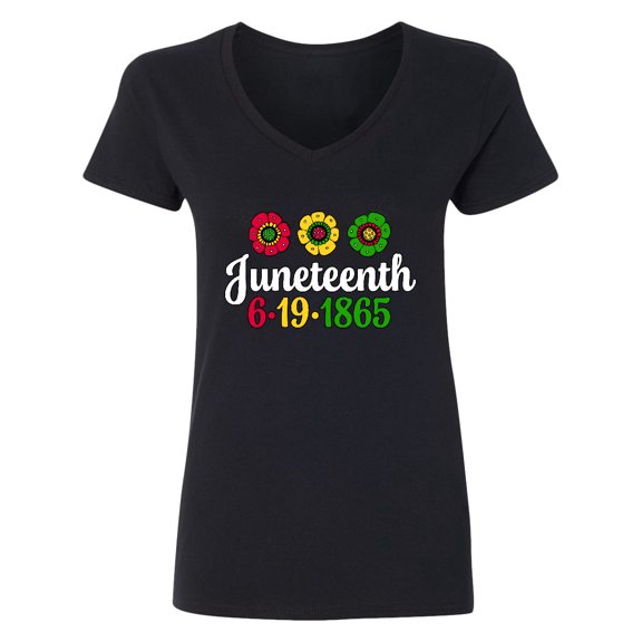 Inktastic Juneteenth 6-19-1865 with Flowers Women's V-Neck T-Shirt
