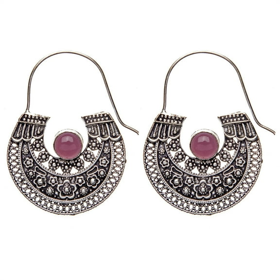 Silver Brass Amethyst Filigree Dot Work Flower Tribal Hoop Earrings