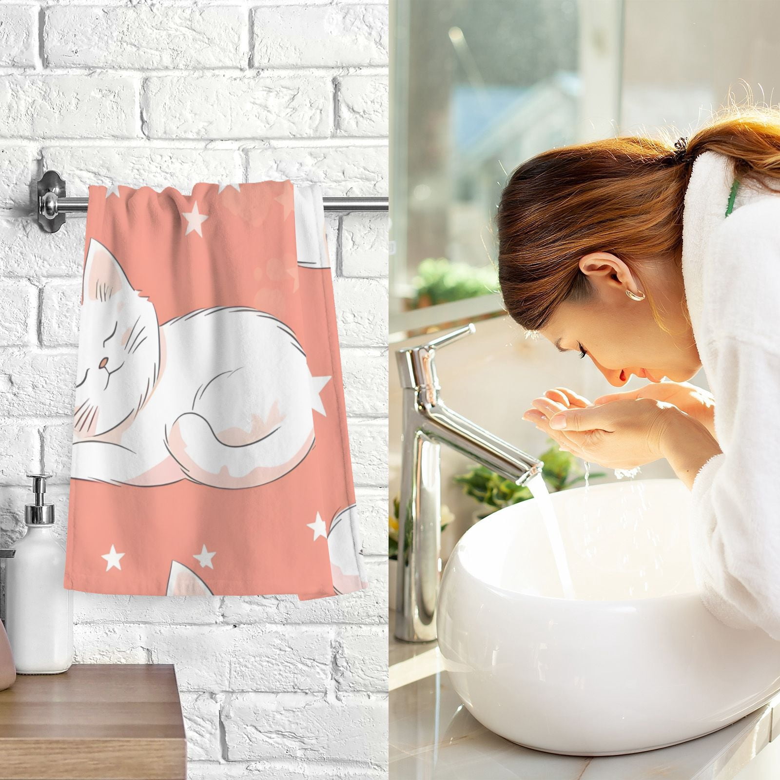 Lazy White Cats Hand Towels Cotton Bath Towels Large Face Towels Absorbent for Bathroom 2 Packs