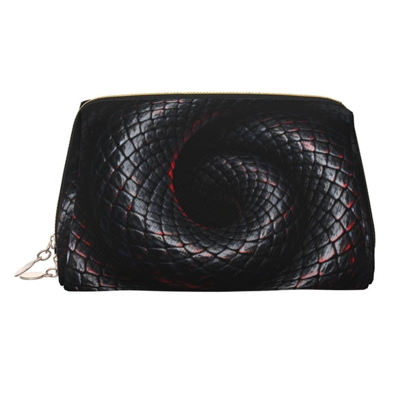 Travel Makeup Bag Black Snakeskin Wide-open PU Leather Cosmetic Toiletry Pouch with Dividers & Zipper for Women Gold