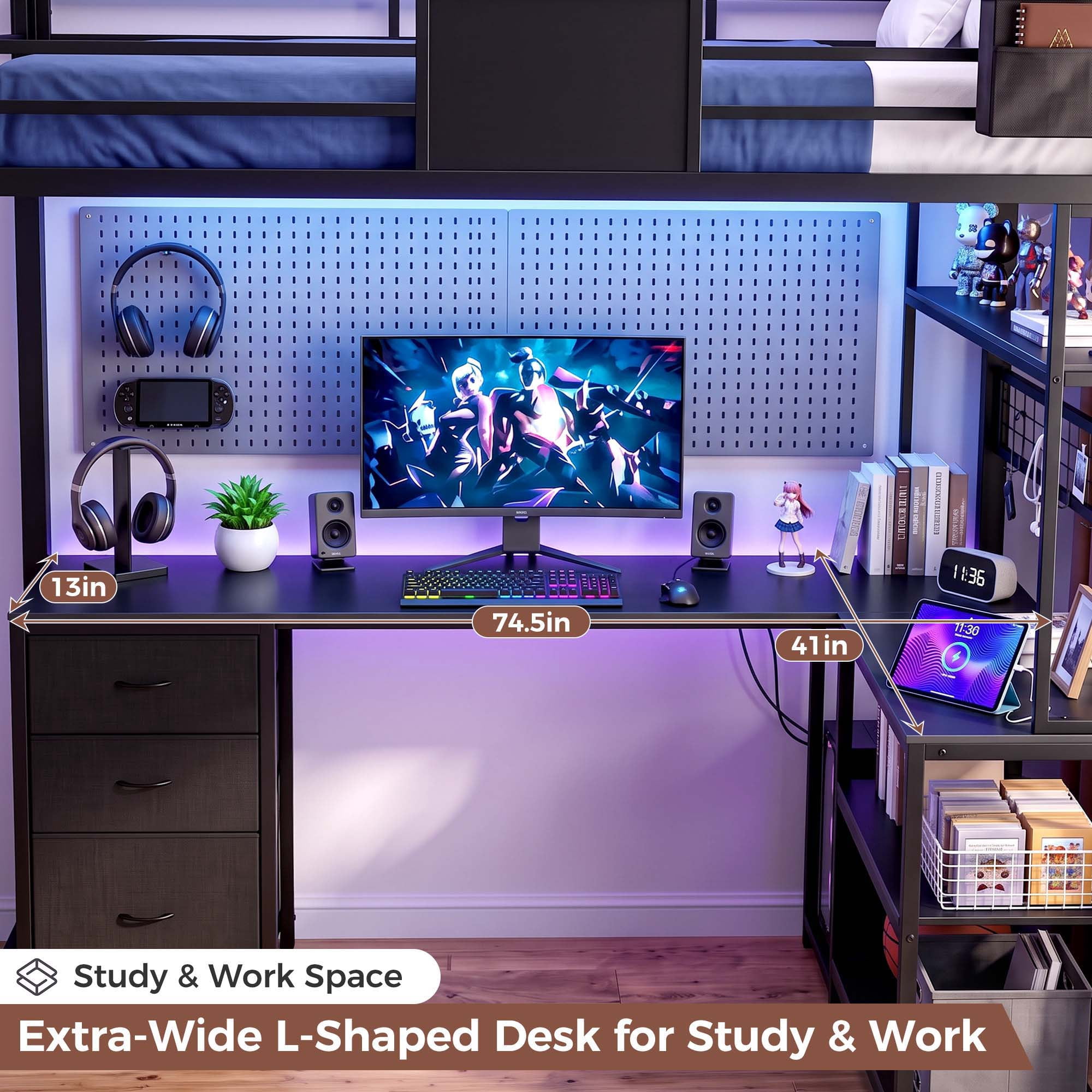 Miniyam Twin Loft Bed with L-Shaped Desk and Storage, LED Light and Charging Station, Black